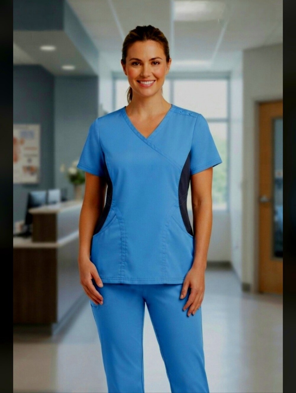 Maevn Matrix Impulse V-neck Scrub Top Side Stretch Panels Blue & Black Large